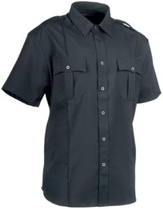First Class 100% Polyester Short Sleeve Men's Uniform Shirt White, Navy Blue, Medium