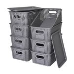 Plastic Storage Baskets with Lid - Plastic Storage Containers Stackable Storage bins: Storage Baskets for Organizing Shelves Drawers Desktop Closet Playroom Classroom Office, 8 Pack-Gray