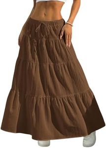 DERAX Women's Boho Flowy Maxi Skirts Elegant Flared Ruffle Hem Elastic High Waisted Summer Fall A Line Long Skirts Brown M