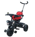 JoyRide Baby and Kid's Tricycle with Adjustable Parental Handle, Detachable Guardrail, Harness, Folding Footrest, Bearing Folding Push N Play Wheels, Dual Basket for 1 2 3 Years Old- Red, Black