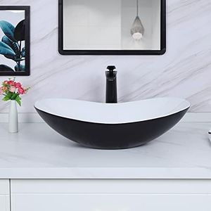 Davivy 24.5'' X 13.8'' Matte Black Oval Vessel Sink with Pop Up Drain,Boat Shape Bathroom Vessel Sink,Bathroom Sinks Above Counter,Ceramic Vessel Sink,Matte Black and White Vessel Sink for Bathroom