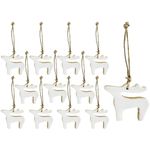 AuldHome White Reindeer Christmas Ornaments (12-Pack); Rustic Farmhouse Wood with Enamel Tree Decorations, Retro Vintage Enamelware Style