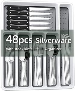 49-Piece Silverware Set with Organizer, CEKEE Stainless Steel Flatware Cutlery Set Service for 8, Mirror Polished Kitchen Utensils Set with Steak Knives Included Spoons and Forks Set & Tray