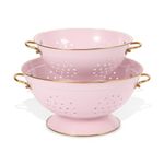 Metal Colander Set of 2, Strainer Basket with Handles Perfect for Spaghetti, Pasta, Berry, Vegetable, Fruit, Solid Base Powder Coated Self-draining Kitchen Colander Bowel, 3.5 & 5 Qt (Pink)