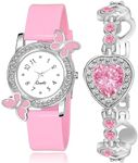 Acnos Polyurethane White Dial Pink Colors Diamond Analog Watch With Heart Bracelet For Girl Best Design Butterfly Combo 2 Pack Of 2, Pink Band