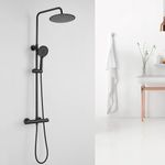 KINKIBOS Thermostatic Shower Mixer Set Black, 25cm Round Overhead Rainfall Shower Head, 3-Function Handheld Shower, Height Adjustable Shower Set, Anti Scald Shower System