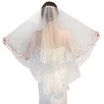 HPMAISON Bridal Wedding Veil 2 Tier White Ivory Shining Sequins Lace Tulle with Metal Comb Elbow Length 60 cm & 90 cm for Bachelorette Hen Party Veils Bridal Dress Up Costume Wedding Accessories