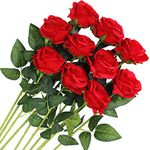 Veryhome 10 Pcs Women's Day Artificial Roses Silk Flowers Fake Single Stem Blooming Rose Bridal Bouqets For Wedding Home Birthday Party Arrangment Garden Decoration (Red)