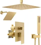 NPYSVSSS Shower System Dual Shower Heads with 12" Ceiling Mounted Rain Shower Head & 6" Wall Mounted Head Full Body Luxury Rain Shower System 3 Way Pressure Balance Valve Kit, Brushed Gold