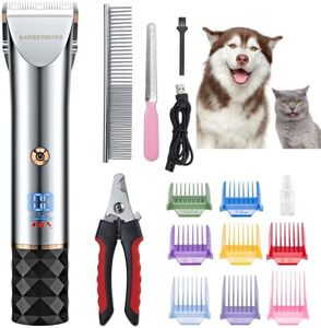 BarberBoss Pet Grooming Kit - Tosatrice per cani a basso rumore con 2 impostazioni di velocità, lame in ceramica, ricarica USB, display a LED e 8 accessori per pettine, QR-9081