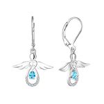 FJ Women Earrings Guardian Angel Earrings 925 Sterling Silver March Birthstone Aquamarine Dangle Drop Earrings Jewellery Gifts for Women Girls