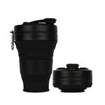 Collapsible Camping Cup with Straw Silicone Folding Coffee Cup Sport Bottle Portable Travel Outdoor Car 600ml 20oz (Black-600ml)