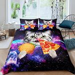 richhome Galaxy Bedding Set 3 pieces,Funny Cat Eating Pizza Burger Comforter Cover for Boys Girls,Mystery Outer Space Nebula Ultra Soft Duvet Cover Decor,Double Size Quilt Cover