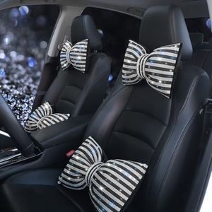 Pirador Car Seat Head-Rest Pillow Bow Automobile Neck Headrest Cushion Bling Bling Rhinestones Diamond for Automotive Accessories Girls and Women Neck Support Interior White-Black 2Pcs