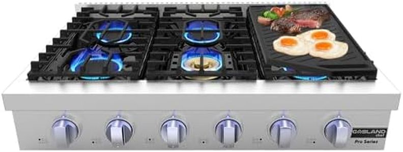 36 Inch Gas Cooktop 6 Burners with Griddle, GASLAND Chef Professional Natural Gas Rangetop Slide-in with Blue Indicator Lights, Reversible Cast Iron Grill/Griddle,Re-ignition, 120V Plug-in