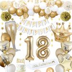 18th Birthday Decorations, Gold 18th Birthday Decorations for Men Women Gold White Balloons HAPPY BIRTHDAY Banner Number 18 Balloons Crown Star Heart Balloons HAPPY 18th BIRTHDAY Cake Topper