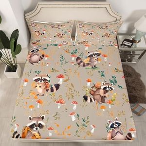 Cute Raccoon Fitted Sheet Twin Size 2 Pcs Cartoon Red Mushroom Green Leaves Bedding Set for Kids Boys Girls Teens Gray Kawaii Jungle Animals Bed Cover with 1 Pillowcase