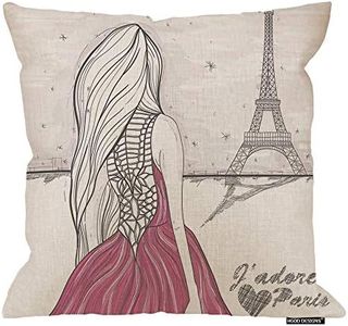 HGOD DESIGNS Eiffel Tower， Throw Pillow Cushion Cover,Romantic Paris Girl in A Pink Dress Looks at Eiffel Tower Cotton Linen Polyester Decorative Home Decor Sofa Couch Desk Chair Bedroom 16x16inch
