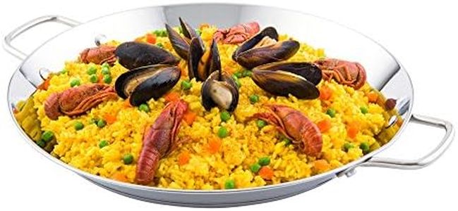 Restaurantware 10 Inch Spanish Paella Pan, 1 Induction Ready Paella Pan - Heavy-Duty, Riveted Handles, Silver Stainless Steel Spanish Pan, Dishwasher-Safe, Paella Cookware for Homes or Restaurants -