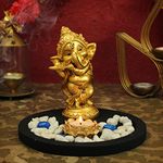 TIED RIBBONS Ganesha Statue Playing Bansuri with with Wooden Flower Tealight Candle Holder Colorful Stones and Wooden Base - Diwali Decoration Items for Home Diwali Gifts Set