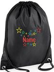 EMBROIDERED Personalised Drawstring Multi-Stars GYM Bag,Ideal for Gym,School, Nursery, Swim,PE, Dance Kit, (BLACK)