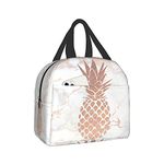 Faux Rose Gold Foil Pineapple on Pink Marble Insulated Lunch Bag Cooler Tote with Front Pocket Water-Resistant Thermal Leak-Proof Lunch Organizer for Woman Man Outdoor School Work Pinic or Travel