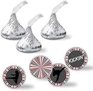 Kickin Karate Birthday Party Kiss Sticker Labels, 300 Party Circle Sticker Sized 0.75” for Chocolate Drop Kisses by AmandaCreation, Great for Party Favors, Envelope Seals & Goodie Bags