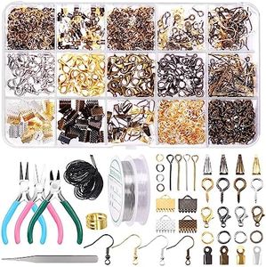 Swpeet 1470Pcs Jewelry Making Supplies Kit with Jewelry Making Tools, 3 Color Jewelry Pliers and Jewelry Wires, 40 Styles Jewelry Findings, Waxed Necklace Cord with Thimble Ring Awl Tweezers Scissors