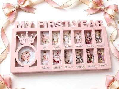 Elfzone Baby Girl Pic Frame Giraffe First Year - Baby Photo Frame 0-12 Months,My First Year Picture Frame for 12 Month Picture Frame and Growth Record, Pink