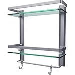 Vdomus Glass Bathroom Wall Organizer Shelf, 2-Tier Glass Shelf with Integrated Towel Bar Wall Mounted Shower Storage 15.2 by 5 inches, Brushed Silver Finish (2 Tier Glass Shelf)