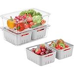 Puricon (2 Pack Fresh Food Containers for Fridge, Fruit Storage Vegetable Keeper Produce Saver with Colander & Lid, Stackable Refrigerator Organizers for Salad Berry Lettuce, BPA Free -Large