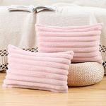 MADIZZ Set of 2 Faux Fur Plush Decorative Throw Pillow Covers 12x20 Inch Pink Fluffy Striped Soft Decorative Cushion Cover for Sofa Bedroom Pillow Shell