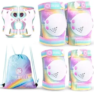 SULIFEEL Rainbow Unicorn Knee Pads for Kids Knee Elbow Pads Wrist Guards with Drawstring Bag Adjustable Protective Gear Set for Girls Roller Skating Bike Cycling Skateboard Scooter Dazzling Medium