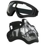 Aoutacc Airsoft Mesh Mask and Goggles Set, Half Face Steel Mesh Mask for CS/Hunting/Paintball/Shooting (Black Skull.)