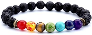 Hamoery Men Women 8mm Lava Rock Beads Bracelet Elastic Natural Stone Chakra Yoga Bracelet Bangle(Lava Chakra)