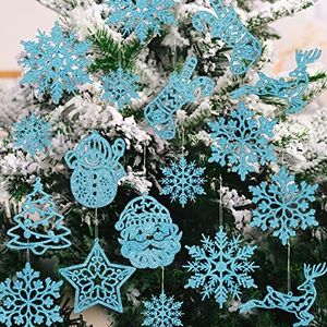 GuassLee Christmas Tree Decoration Sflake Ornaments - 42pcs Blue Glitter Christmas Sflake Tree Reindeer Sman Santa Hanging Ornaments for Christmas Winter Holiday Year Decorations