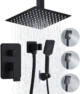 RTOBWEYE 8 Inch Shower Faucet Set Ceiling Mount, High Pressure Rainfall Shower System Square Rain Shower Head with Handheld Spray Combo, Ceiling Luxury Rainfall Shower Fixtures Matte Black (3-Setting)