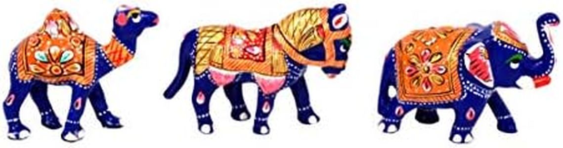 AONA Hand Carved Wooden Painted Horse Elephant Camel Handicraft- Unique Indian Handmade Camel Elephant Horse Sculpture - Perfect Home Decor Statues, Set of 3 Pcs