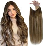 Fshine Invisible Wire Hair Extensions Balayage Wire Human Hair Extensions Warm Brown to Honey Blonde Secret Fish Line Wire Extensions One Piece Hair Extensions Clip in Human Hair 12 Inch 70G