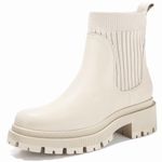 Bacia Chunky Boots for Women Ankle Boots Casual Fall Boots Lug Sole Chelsea Boots Slip On Booties Beige White Size 7.5