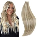 RUNATURE Tape in Hair Extensions Blonde Highlight Ash Brown Human Hair Tape in Extensions Remy Blonde Tape in Human Hair Extensions Straight 16 Inch 50g