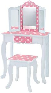 Teamson Kids Princess Gisele Polka Dot Print 2-Piece Kids Wooden Play Vanity Set with Vanity Table, Tri-Fold Mirror, Storage Drawer, and Matching Stool, White with White/Pink Polka Dot Accent