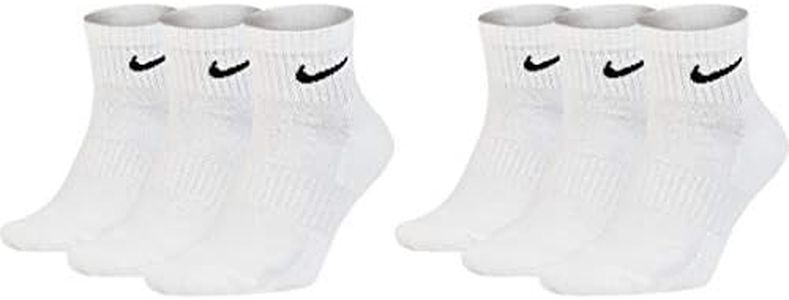 Nike SX7667 Short Socks 6 Pairs Men's Women's Ankle High White Black Value Set Everyday Cotton Cushioned Ankle Sports Socks Size 1 3 5 7 9 11 13 15 17 - White -