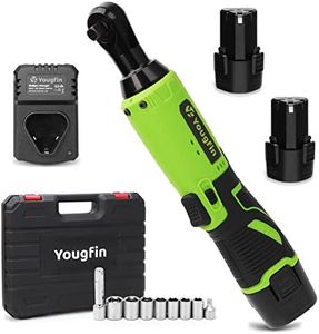 Yougfin Cordless Electric Ratchet Wrench 3/8", Battery Powered Socket Wrench 40 FT-LBS, Brushless Power Ratchet with 2 Batteries (2.0Ah) & Charger, Electric Right Angle Wrench for Car, 12v