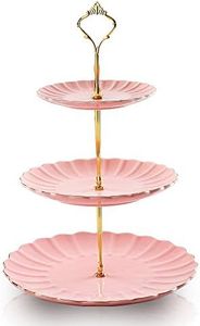 SWEEJAR 3 Tier Ceramic Cake Stand Wedding, Dessert Cupcake Stand for Tea Party Serving Platter (Pink)