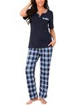 Bresdk Women Pyjama Set Cotton Checked Short Sleeve Loungewear 2 Pieces V-Neck Top & Bottom Sleepwear Soft Nightwear with Pockets Ladies Pjs Set Blue M