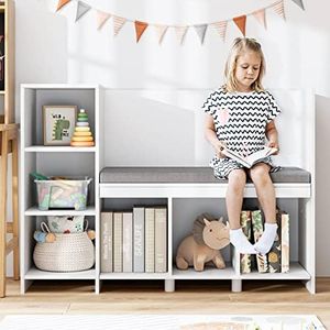 HOUSUIT 43.3" Kids Reading Nook Bench, Nursery Bookshelf and Bookcase with Seat Cushion, 6-Cubby Book Shelf Storage Organizer for Playroom, Bedroom, Living Room, Entryway, White