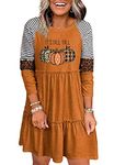 Thanksgiving It's Fall Y'all Leopard Plaid Pumpkin Ruffled Mini Dress Casual Long Sleeve Funny Print Women Dress, Brown, Medium