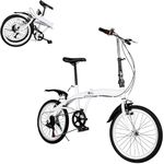 MEHOOSPVN 20 Inch Folding Bike, Folding Bike with 6 Speed Gears, Height Adjustable Carbon Steel Folding Bike, Suspension Fork Bicycles Folding Bicycle for Children or Adults with Mudguards, White