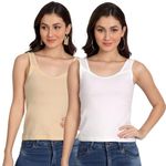 Aimly Women's Cotton Sleeveless Regular Fit Camisole Slip Spaghetti - Pack Of 2 White Beige, Assorted, 2XL